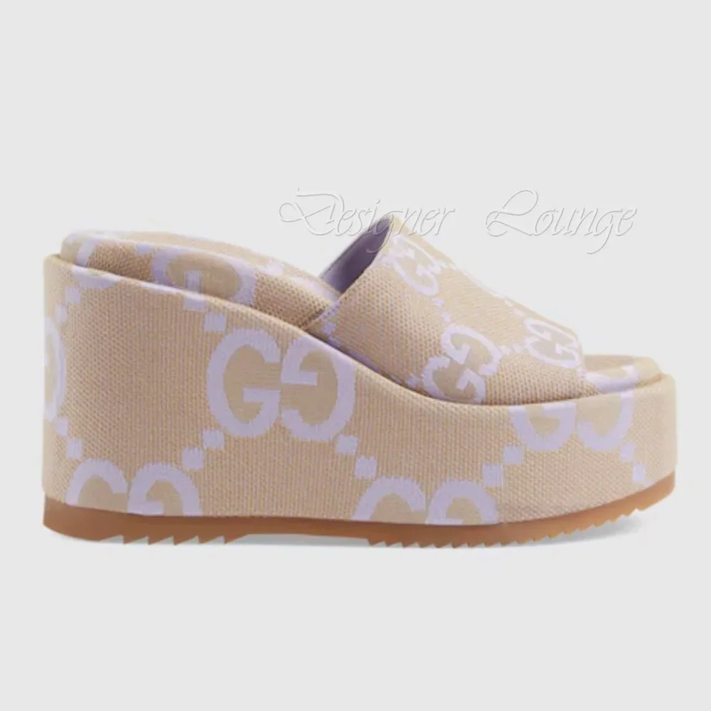 NEW GUCCI Macro GG Beige Monogram Canvas Platform Wedges Size EU 40 US 10